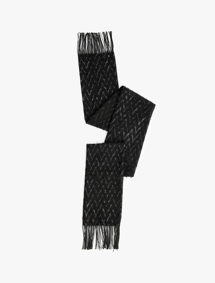Kadın Püsküllü Zikzak Desenli Simli Uzun Atkı