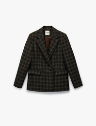Koton X Melis Ağazat - Uzun Kollu Kruvaze Cepli Ekose Oversize Blazer Ceket