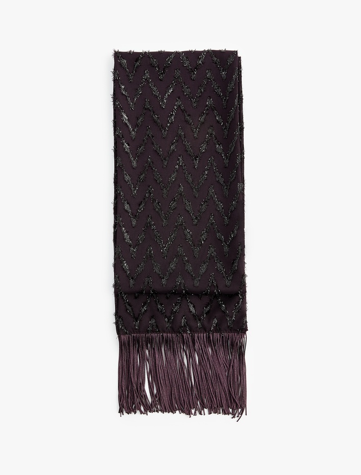 Kadın Püsküllü Zikzak Desenli Simli Uzun Atkı