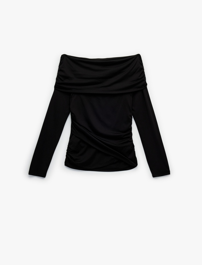  Slim Fit Drape Detaylı Uzun Kollu Omzu Açık Tişört