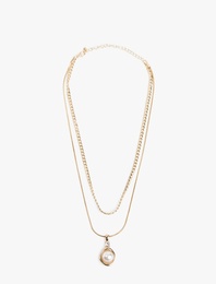 Taş Detaylı 2'li Zincir İnci Kolye