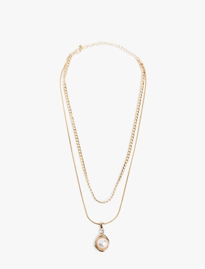 Kadın Taş Detaylı 2'li Zincir İnci Kolye