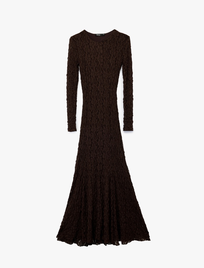  Slim Fit Uzun Kollu Bisiklet Yaka Uzun Dantel Elbise