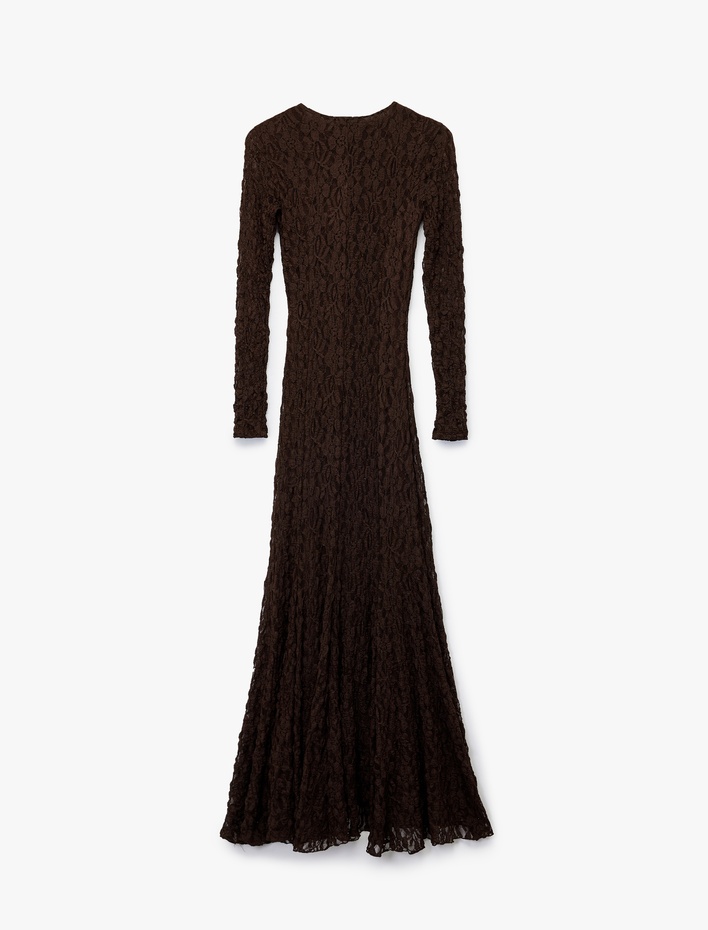  Slim Fit Uzun Kollu Bisiklet Yaka Uzun Dantel Elbise