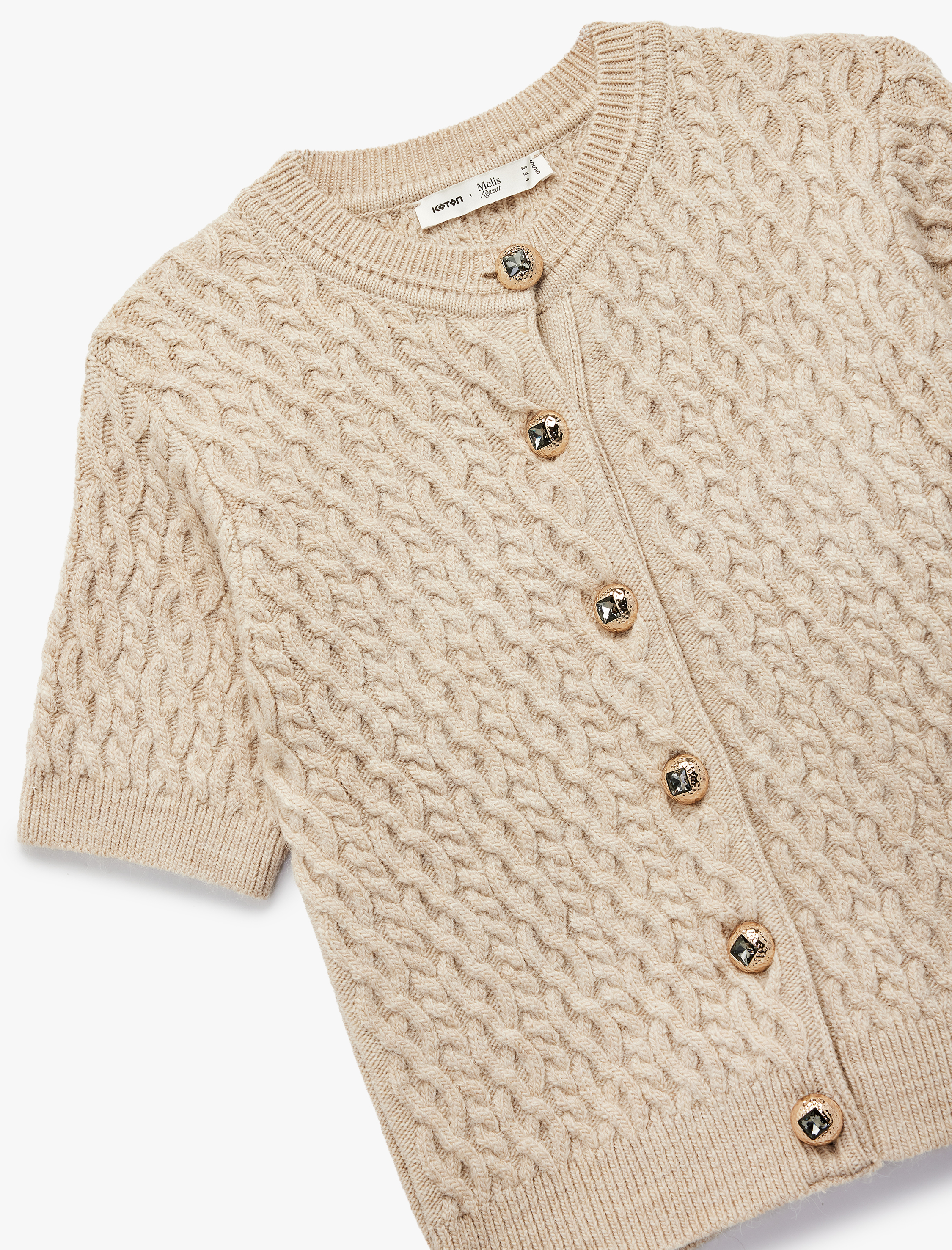   Koton X Melis Ağazat - Düğmeli Bisiklet Yaka Kısa Kollu Saç Örgü Hırka