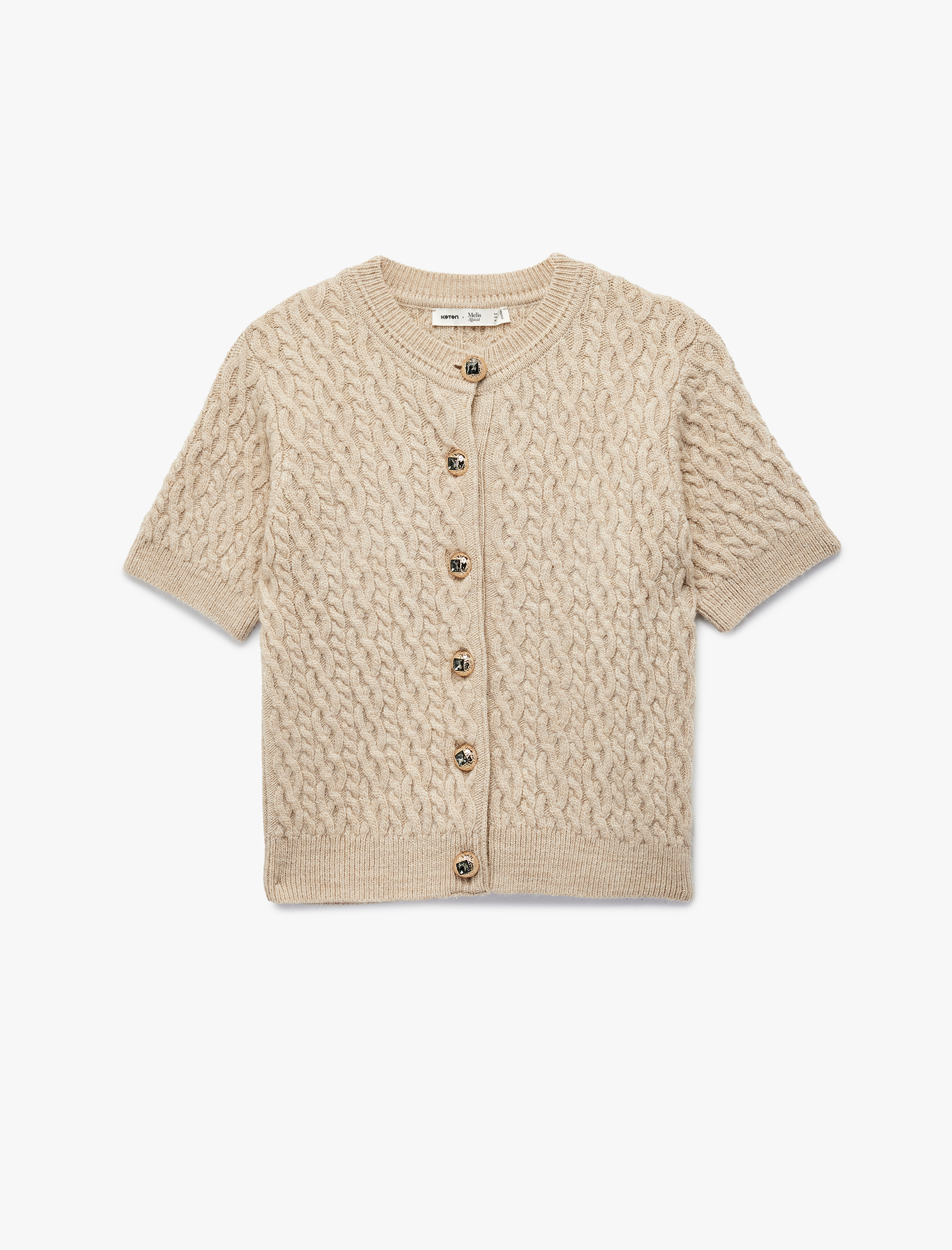   Koton X Melis Ağazat - Düğmeli Bisiklet Yaka Kısa Kollu Saç Örgü Hırka