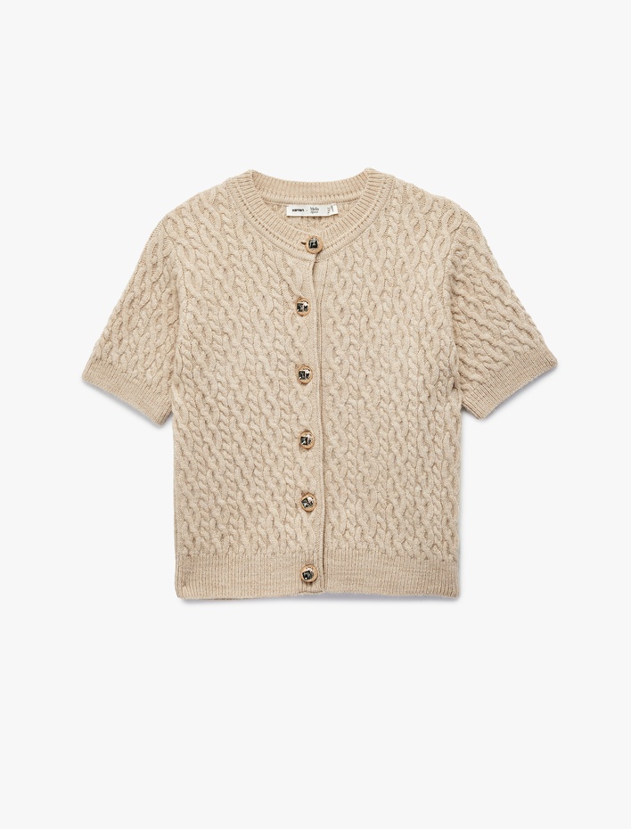  Koton X Melis Ağazat - Düğmeli Bisiklet Yaka Kısa Kollu Saç Örgü Hırka