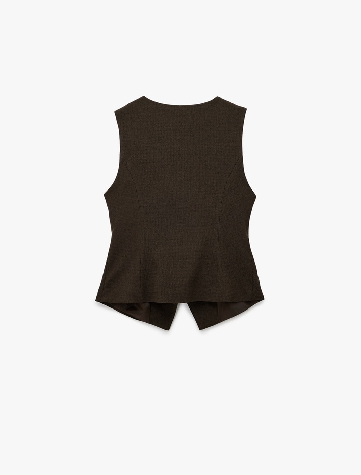  Viskon Karışımlı Cep Detaylı Bisiklet Yaka Düğmeli Kolsuz Yelek