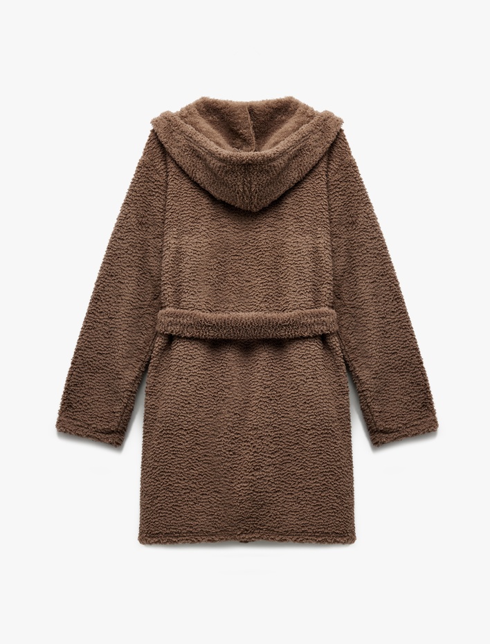  Rahat Kalıp Gizli Cep Detaylı Kapşonlu Polar Sabahlık