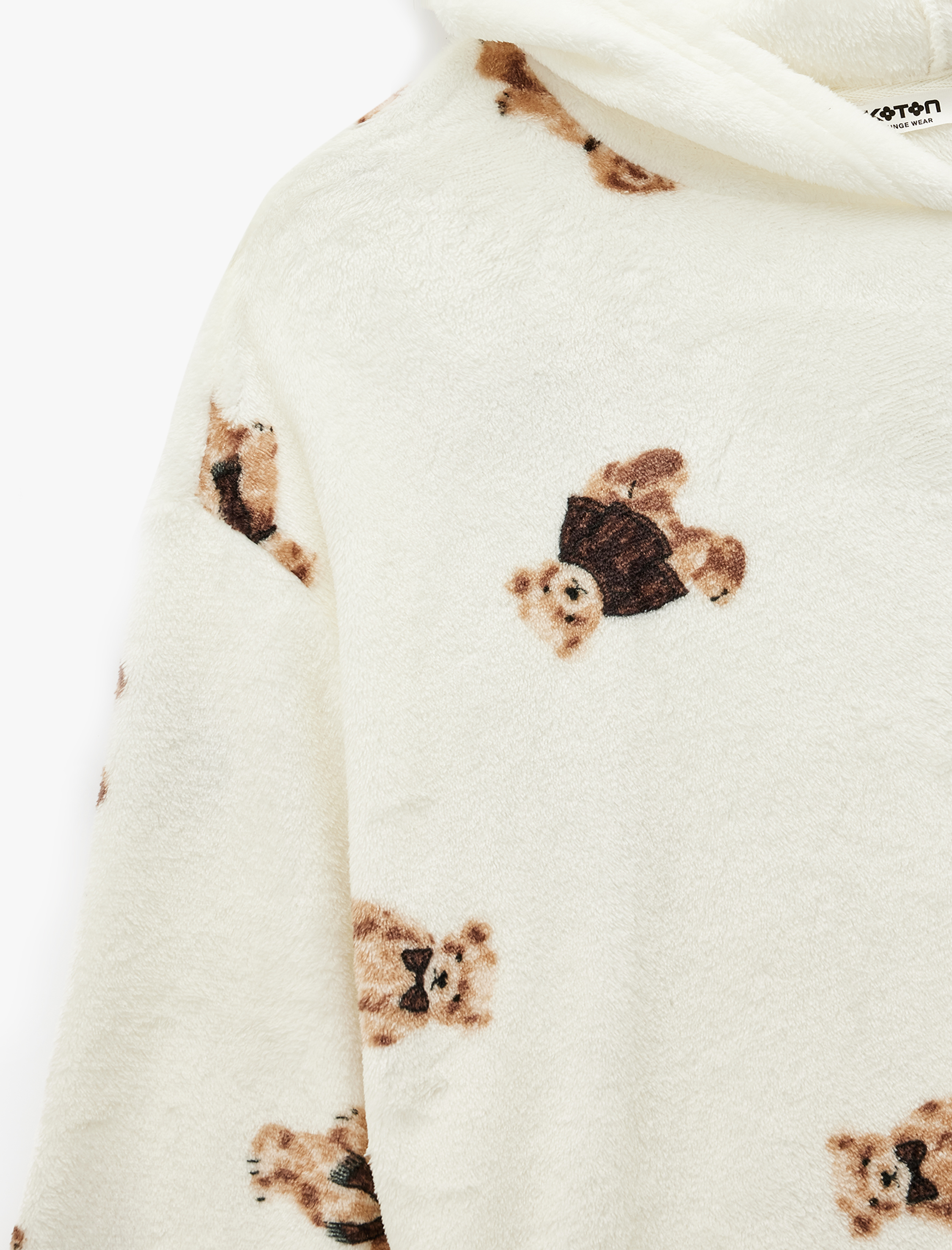   Kapüşonlu Uzun Kollu Ayıcık Baskılı Oversize Polar Sabahlık