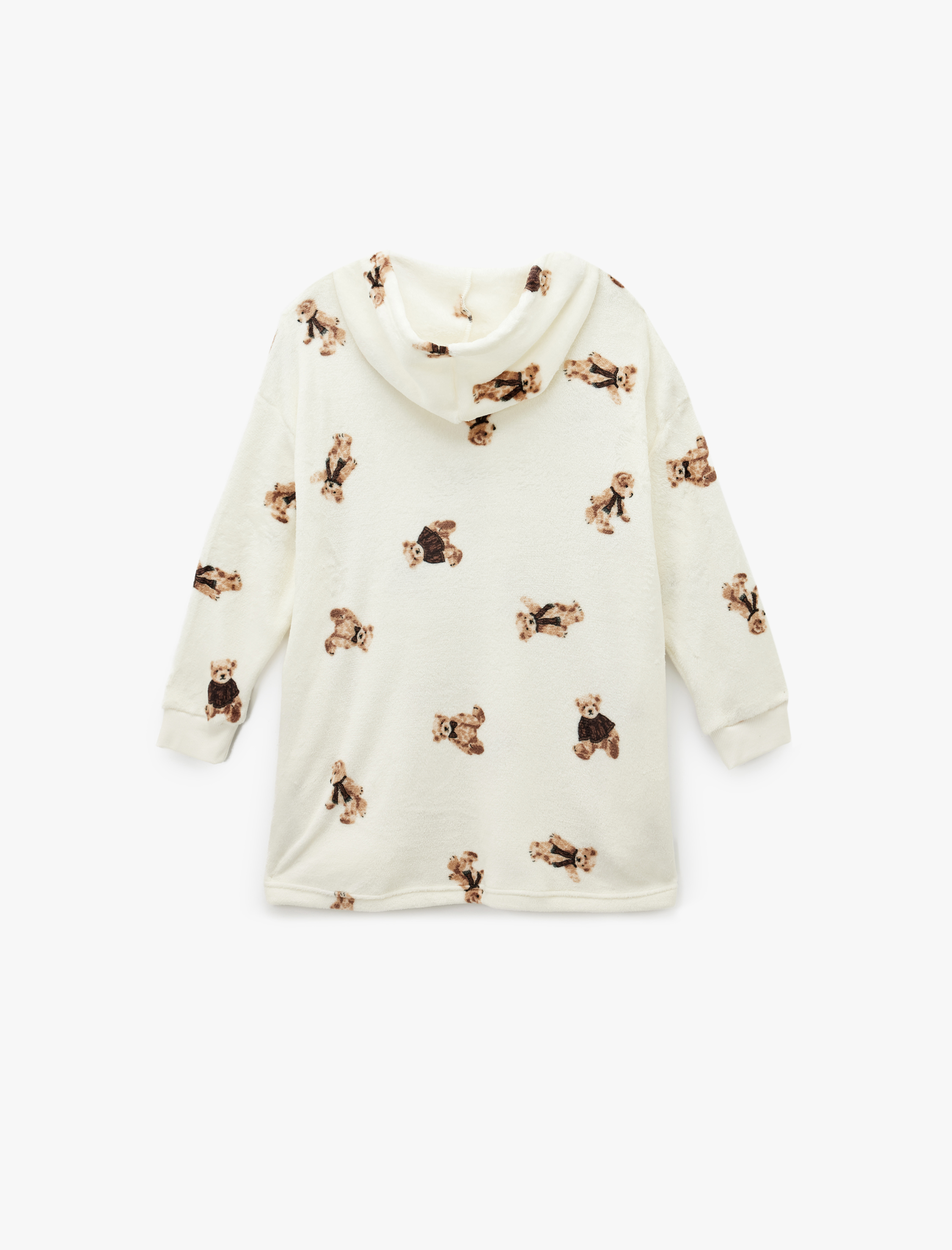   Kapüşonlu Uzun Kollu Ayıcık Baskılı Oversize Polar Sabahlık