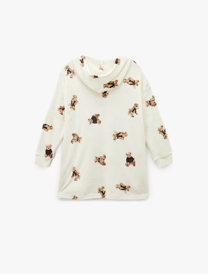  Kapüşonlu Uzun Kollu Ayıcık Baskılı Oversize Polar Sabahlık