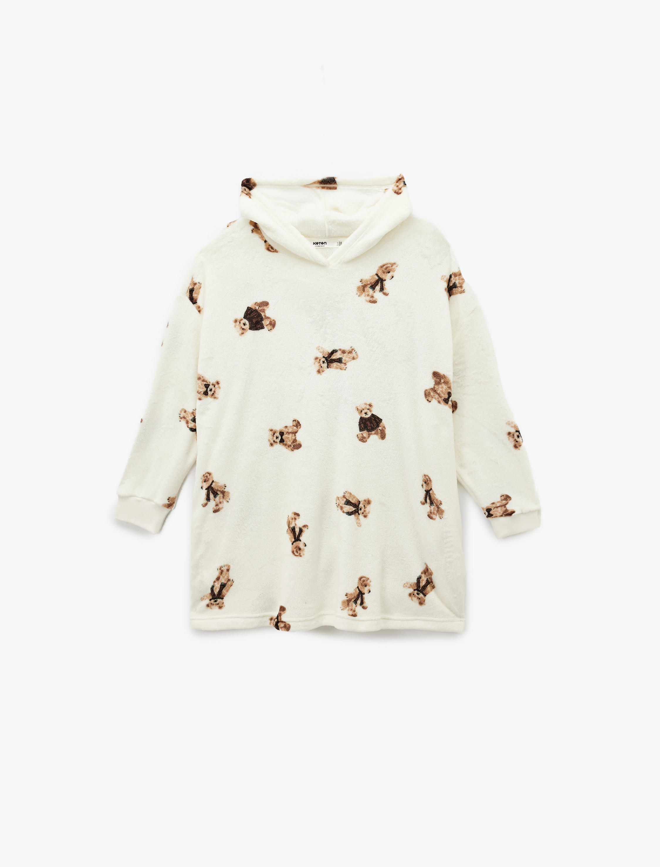   Kapüşonlu Uzun Kollu Ayıcık Baskılı Oversize Polar Sabahlık