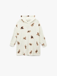 Kapüşonlu Uzun Kollu Ayıcık Baskılı Oversize Polar Sabahlık