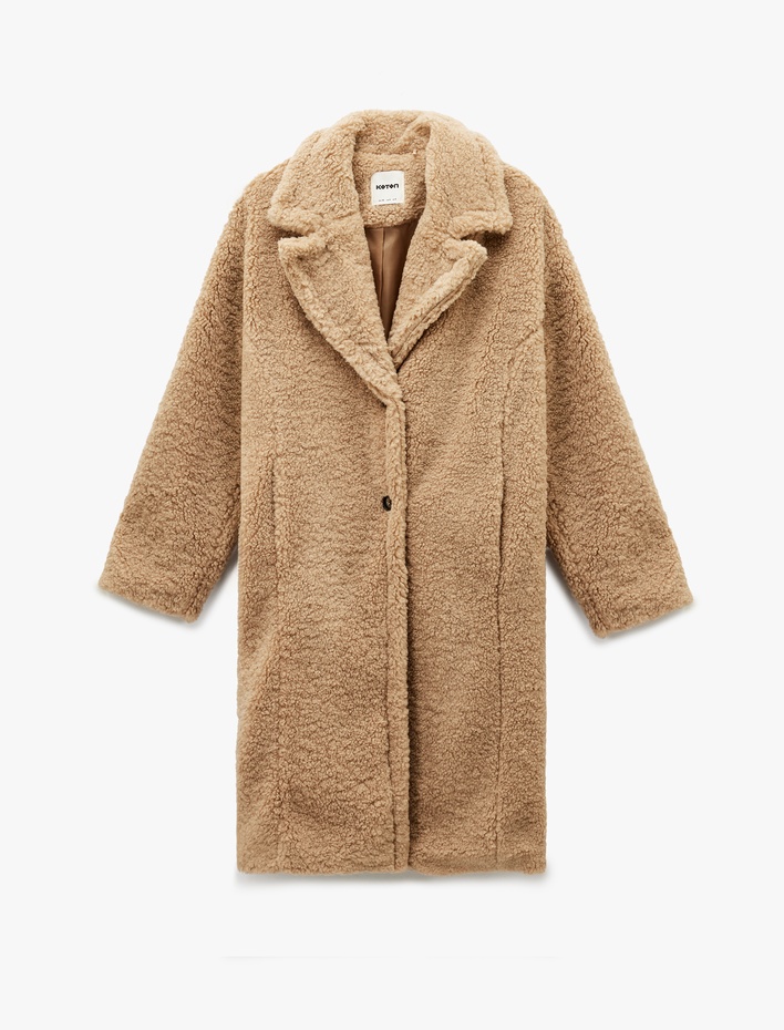  Koton X Sibil Çetinkaya - Oversize Peluş Kaban Cepli Düğmeli Uzun Kollu