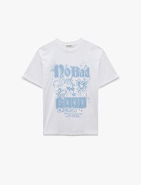 Kısa Kollu Bisiklet Yaka Pamuklu Baskılı Oversize Tişört