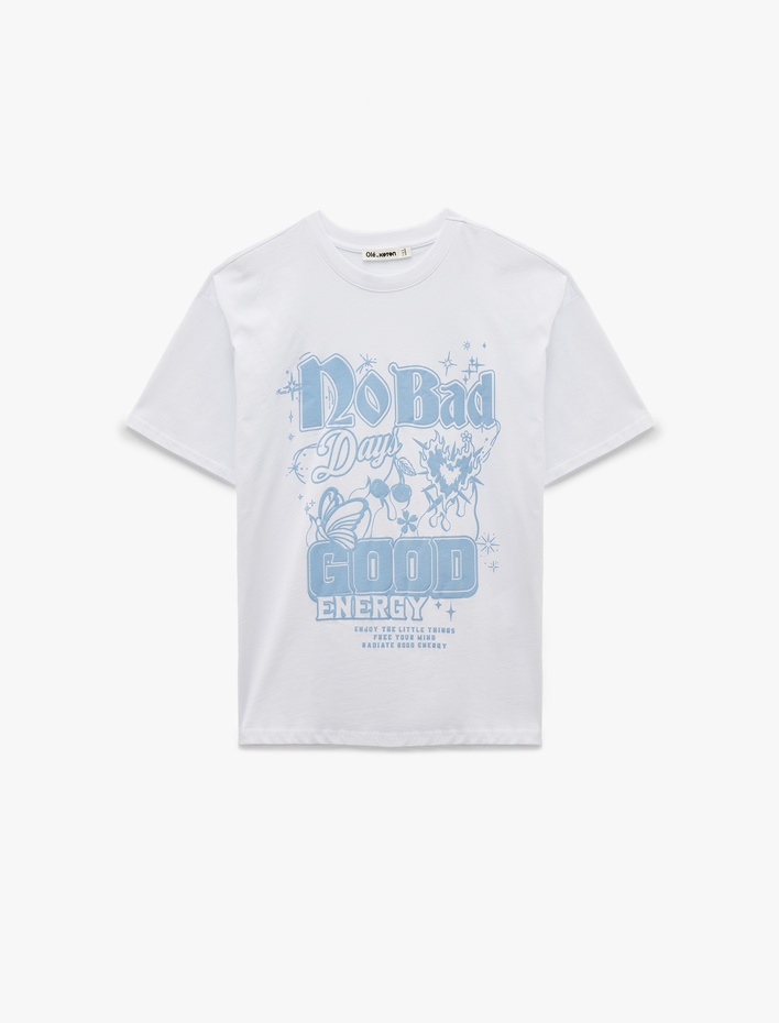  Kısa Kollu Bisiklet Yaka Pamuklu Baskılı Oversize Tişört