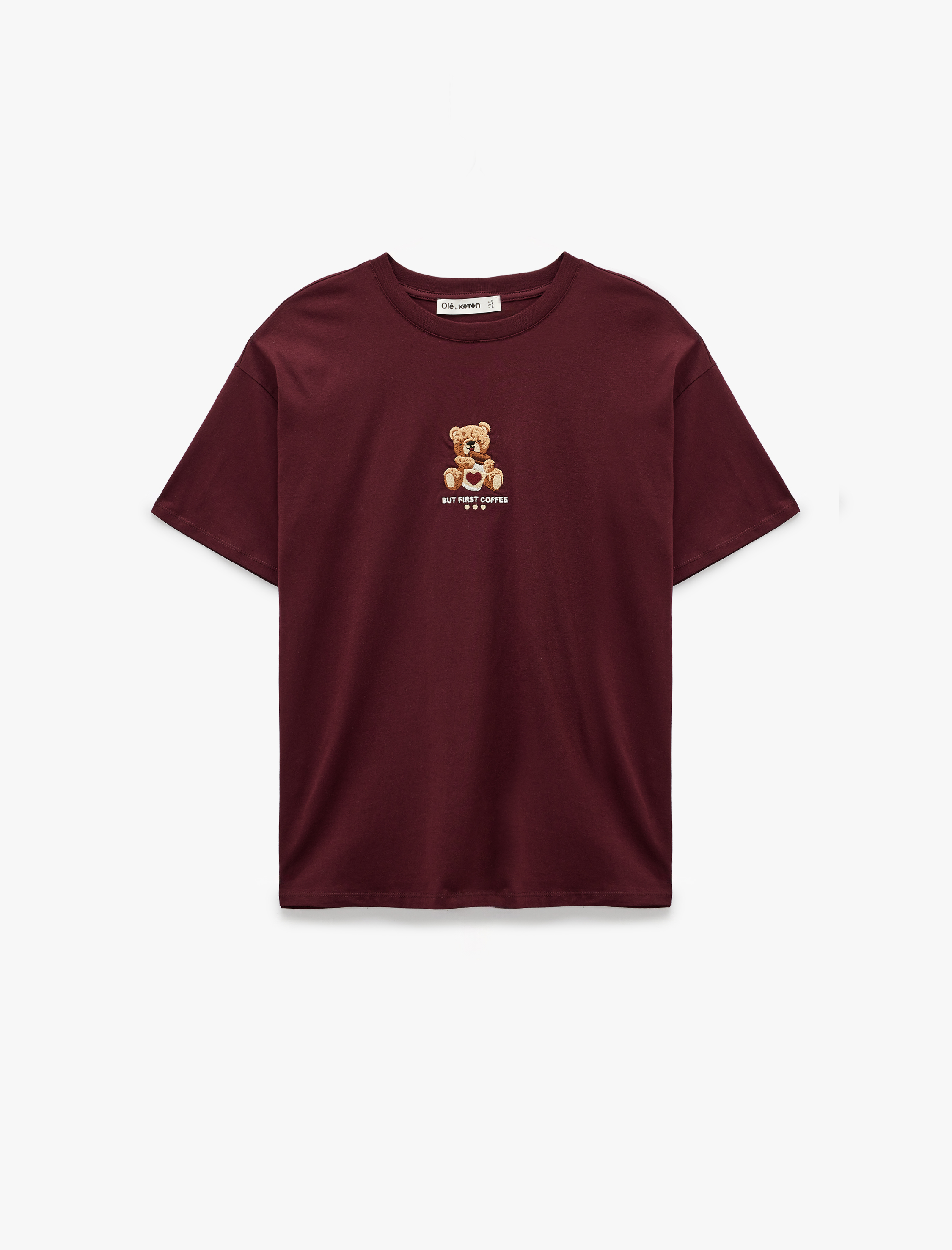   Ayıcık Nakışlı Kısa Kollu Bisiklet Yaka Pamuklu Oversize Tişört