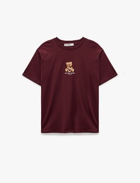 Ayıcık Nakışlı Kısa Kollu Bisiklet Yaka Pamuklu Oversize Tişört