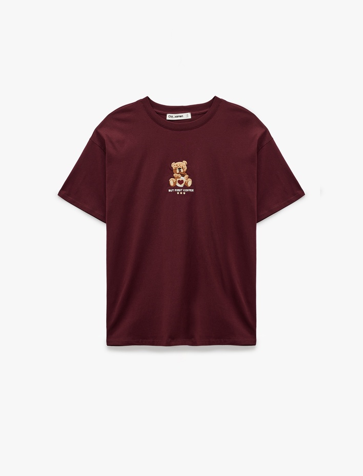  Ayıcık Nakışlı Kısa Kollu Bisiklet Yaka Pamuklu Oversize Tişört