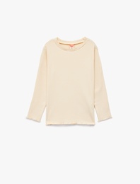 Bisiklet Yaka Fırfır Detaylı Pamuklu Basic Uzun Kollu Tişört