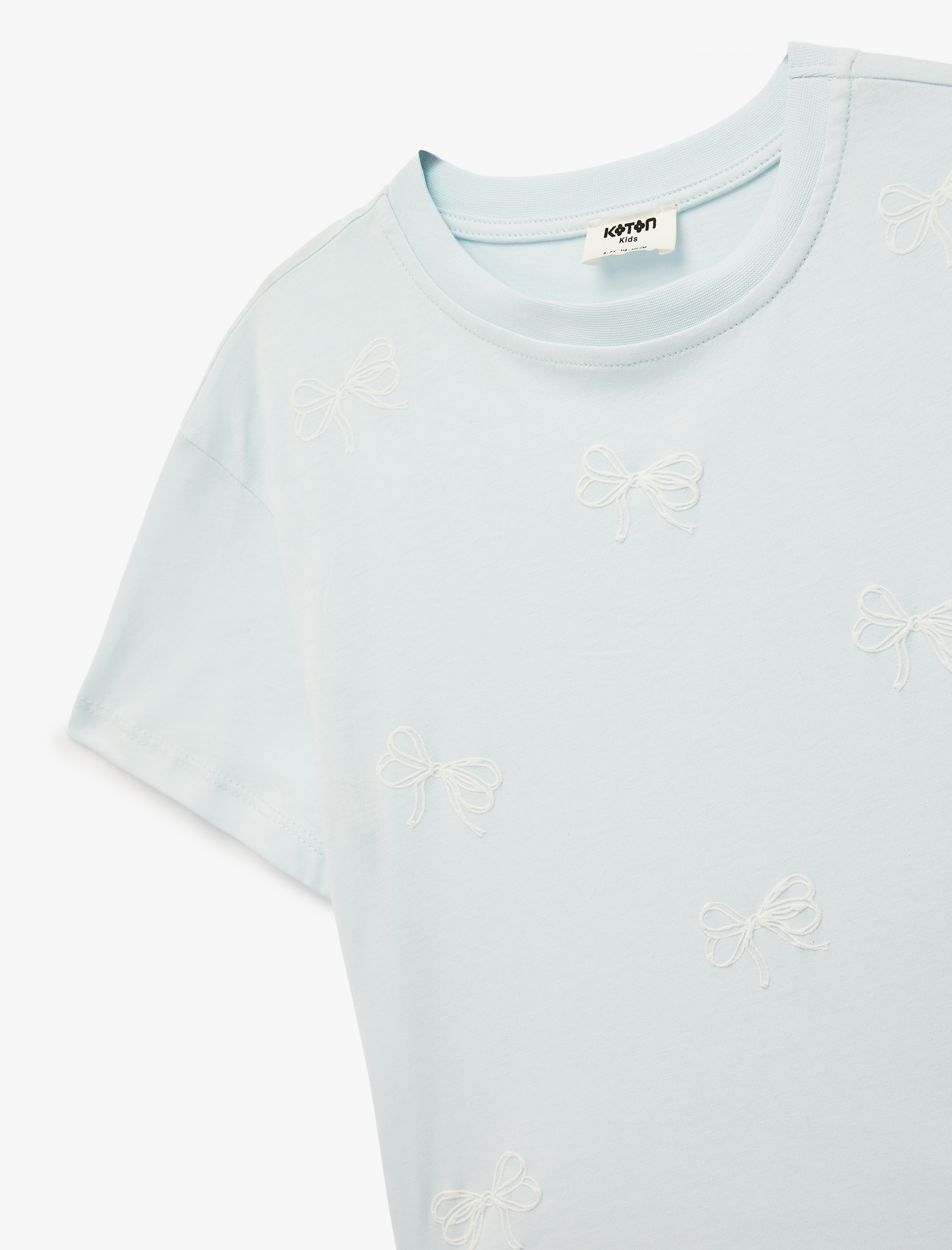  Kız Çocuk Kurdele Detaylı Pamuklu Kısa Kollu Bisiklet Yaka Tişört