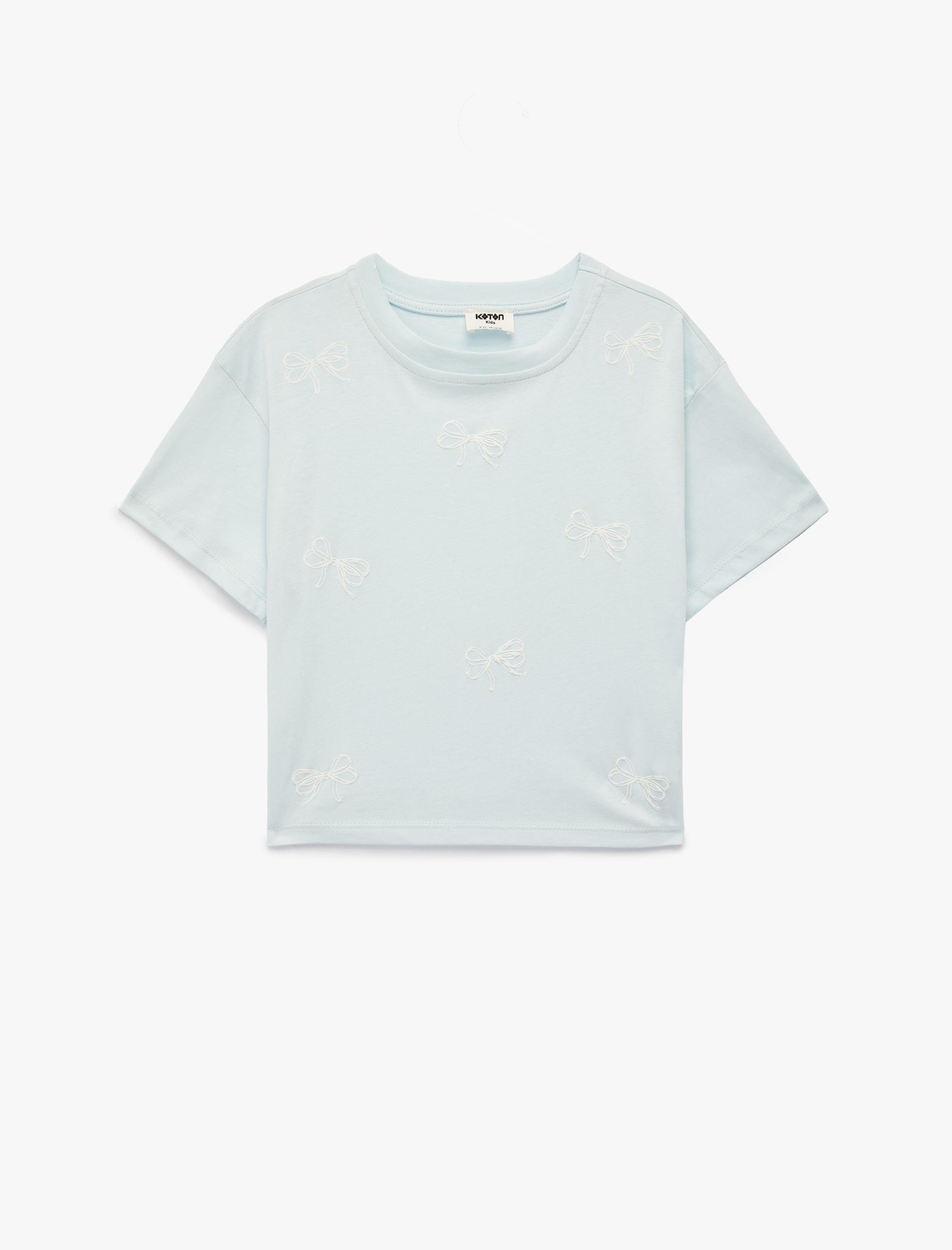  Kız Çocuk Kurdele Detaylı Pamuklu Kısa Kollu Bisiklet Yaka Tişört