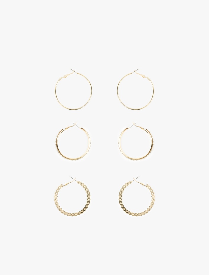 Kadın Taşlı Çelik 3'lü Halka Küpe Seti