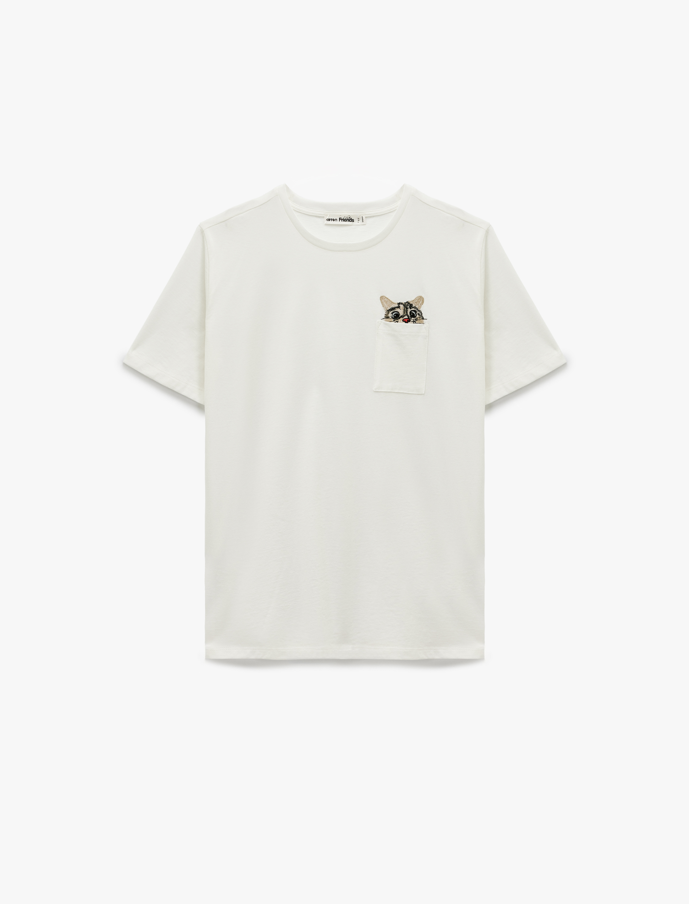   Cep Detaylı Kısa Kollu Bisiklet Yaka Pamuklu Kedi Nakışlı Oversize Tişört