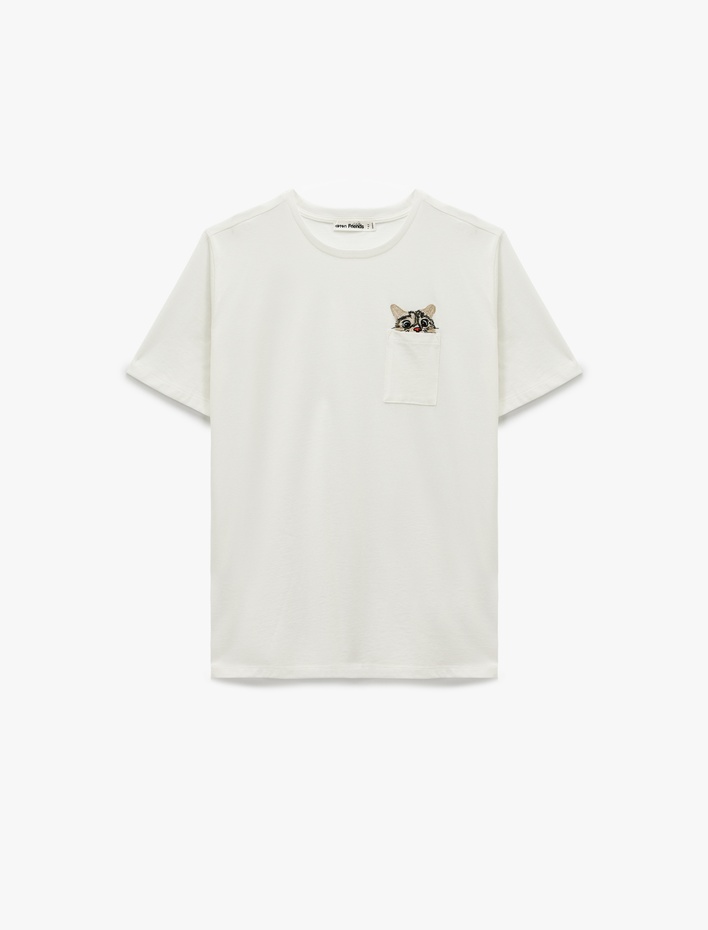  Cep Detaylı Kısa Kollu Bisiklet Yaka Pamuklu Kedi Nakışlı Oversize Tişört