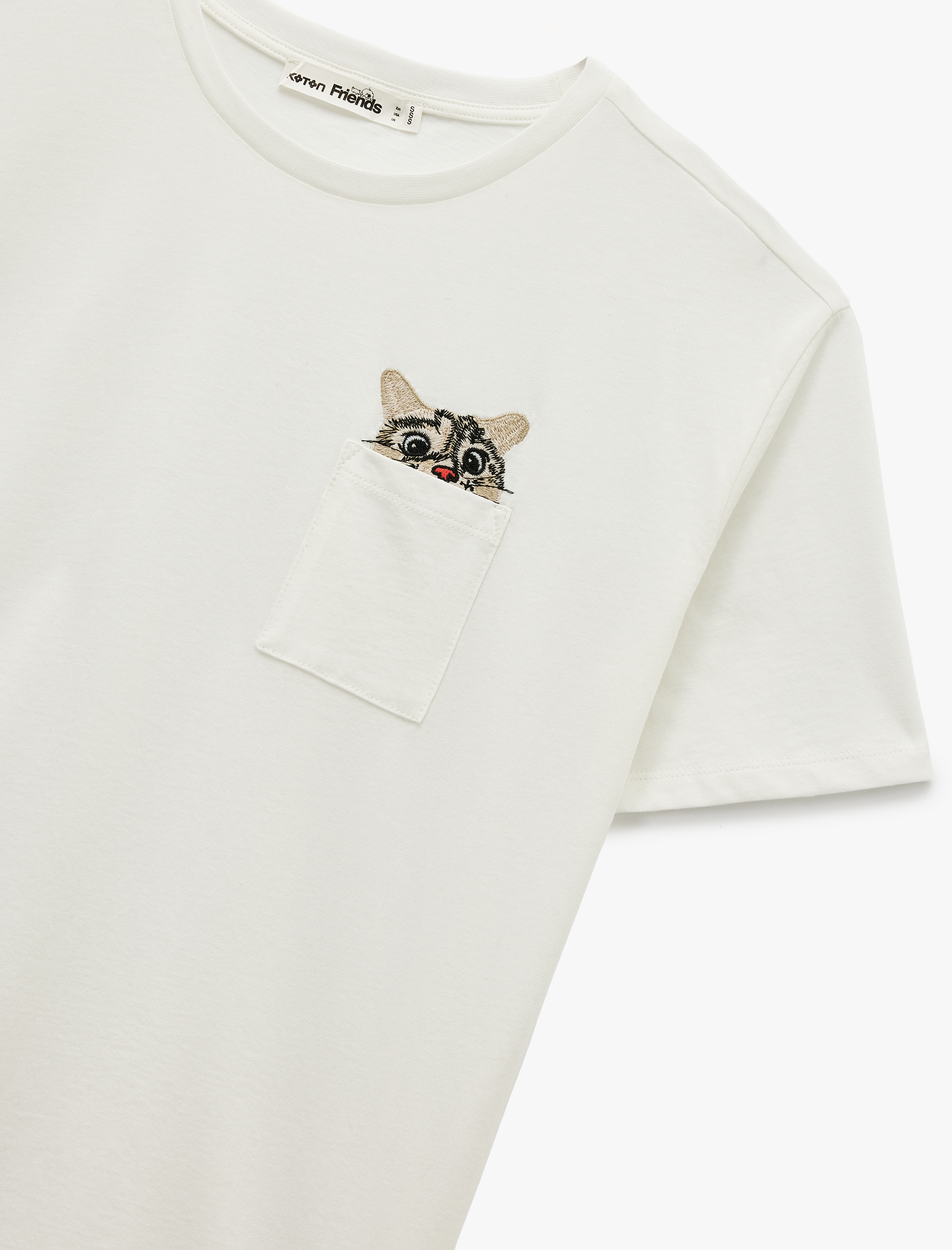   Cep Detaylı Kısa Kollu Bisiklet Yaka Pamuklu Kedi Nakışlı Oversize Tişört