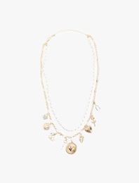 Çelik Karışımlı Kalpli Charmlı İnci Çoklu Kolye