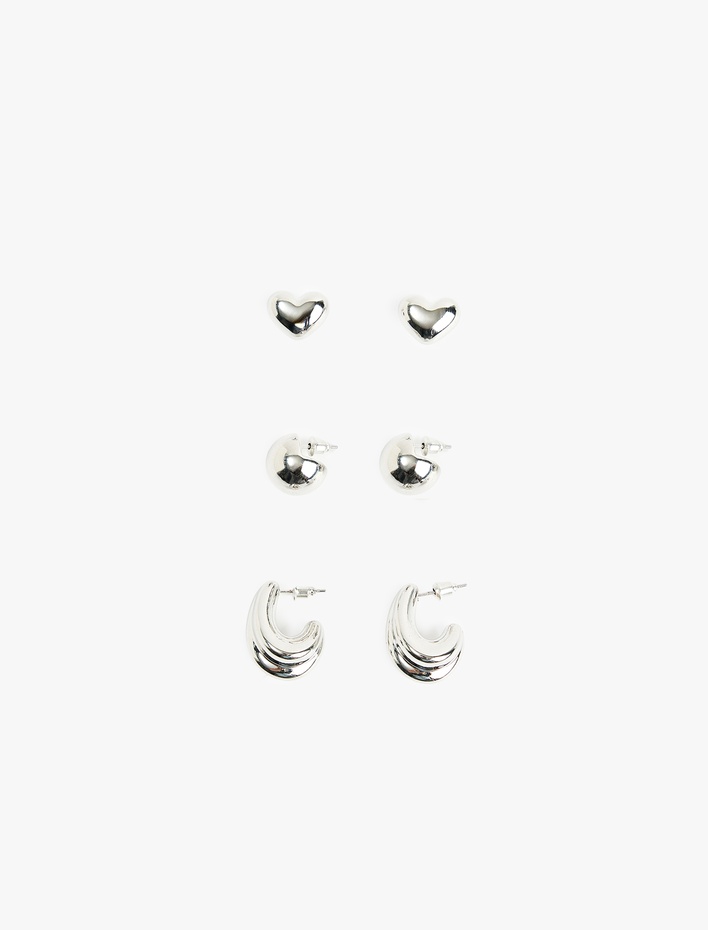 Kadın Kalpli 3'lü Top ve Halka Küpe Seti