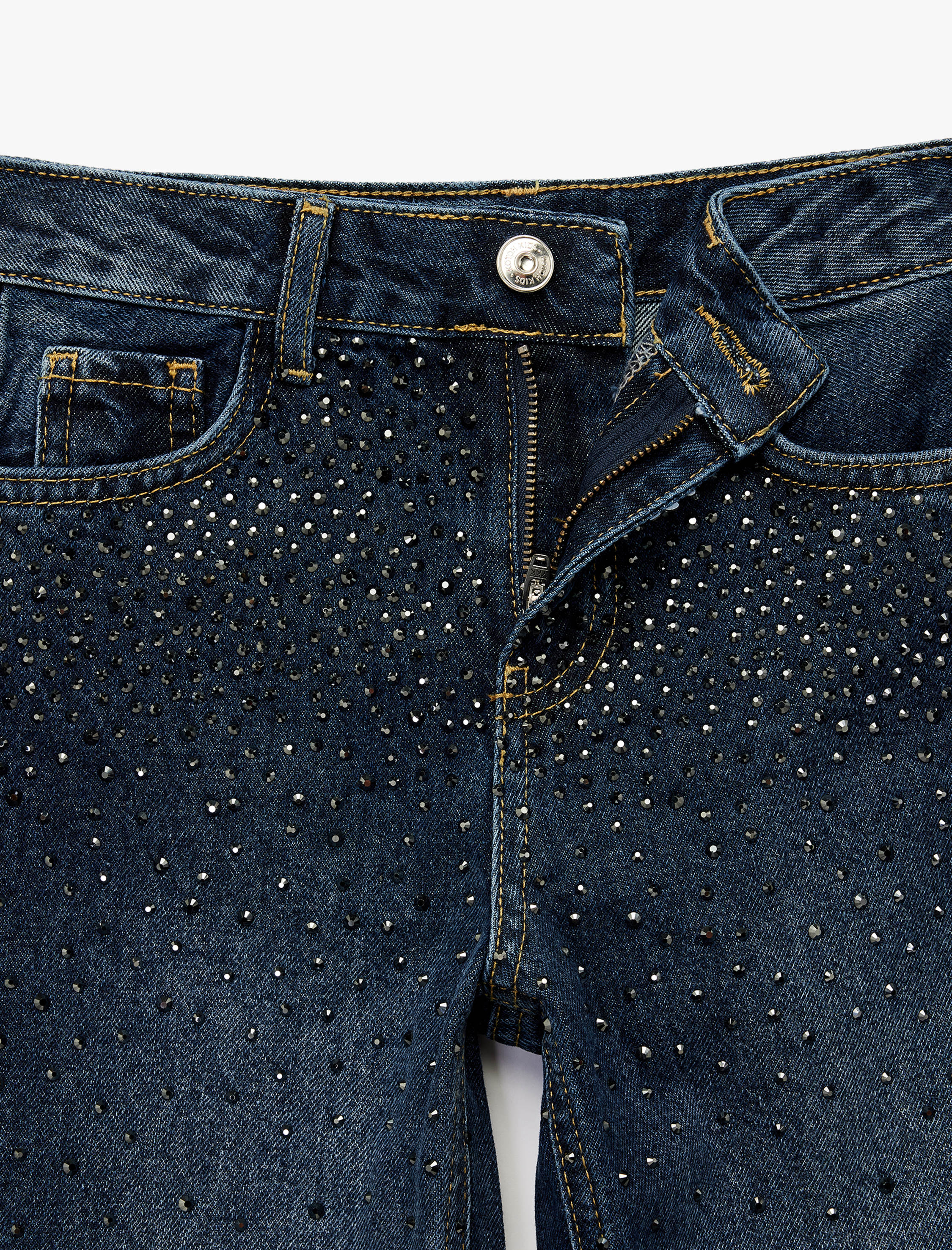  Kız Çocuk Pamuklu Taş Detaylı Geniş Paça Denim Pantolon