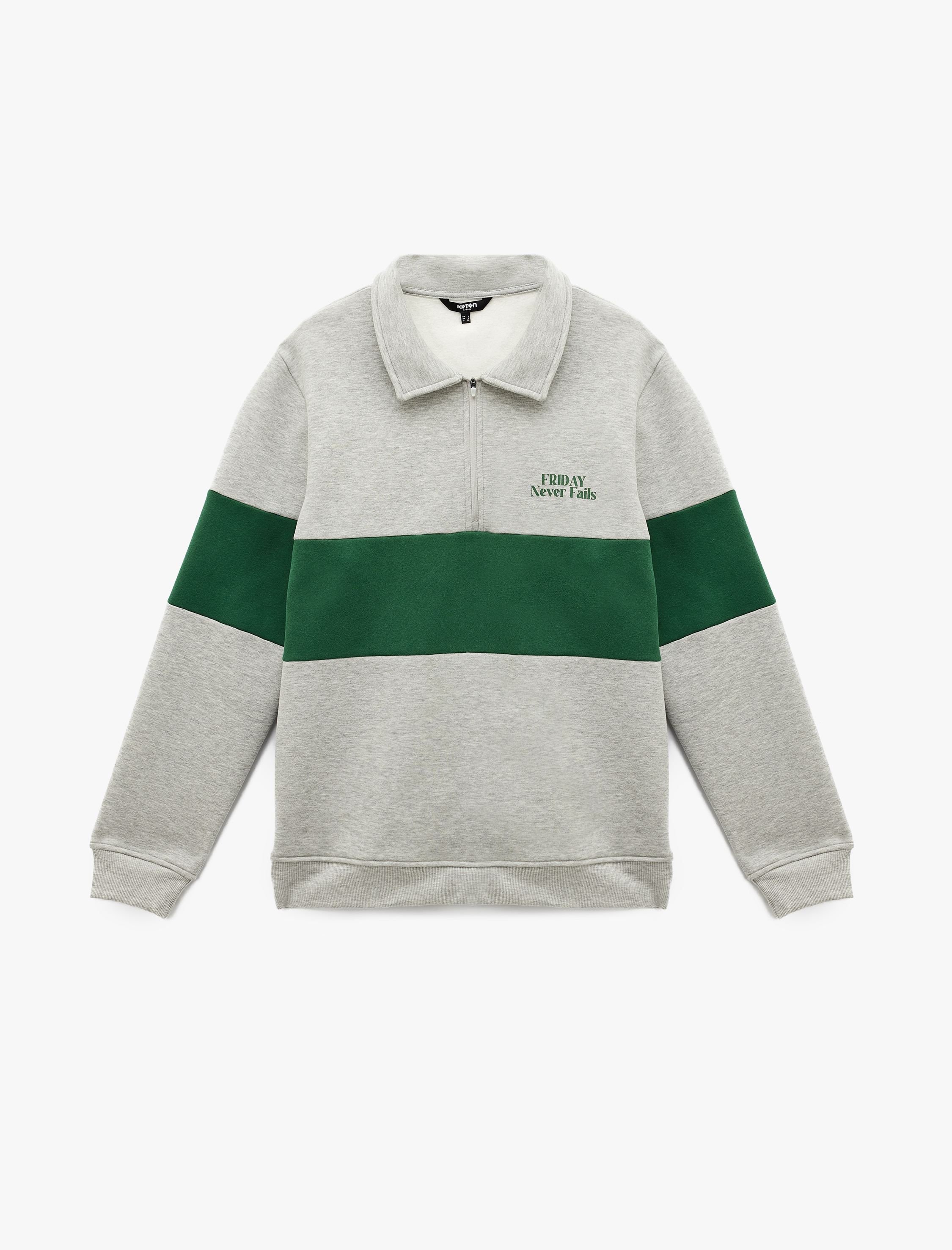   Regular Fit Renk Bloklu Yarım Fermuarlı Baskılı Polo Yaka Sweatshirt