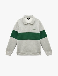 Regular Fit Renk Bloklu Yarım Fermuarlı Baskılı Polo Yaka Sweatshirt