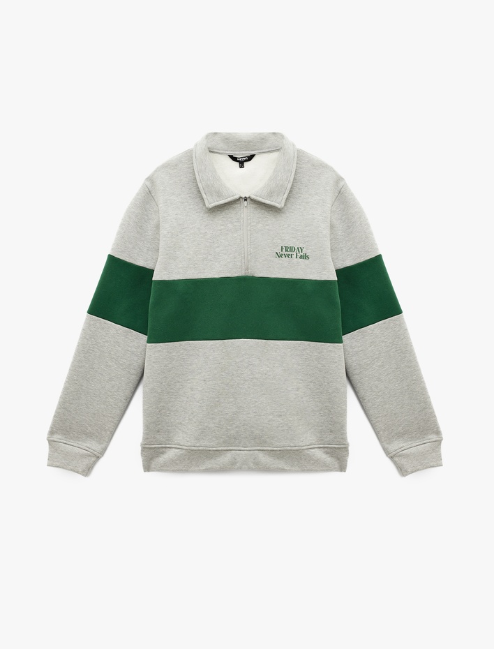  Regular Fit Renk Bloklu Yarım Fermuarlı Baskılı Polo Yaka Sweatshirt