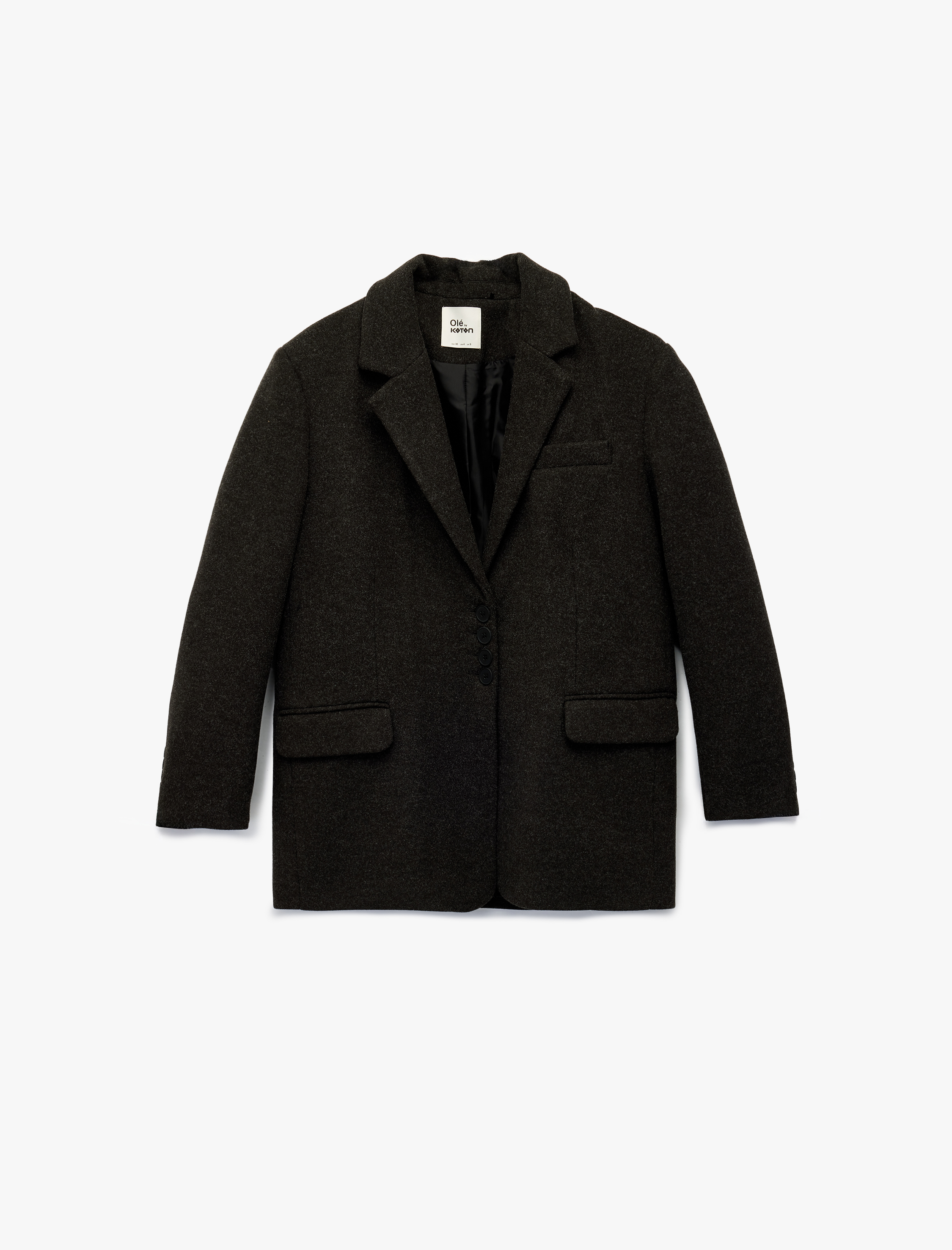   Viskon Karışımlı Geniş Yaka Cep Detaylı Düğmeli Uzun Kollu Ceket