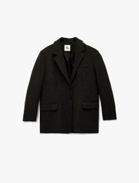 Viskon Karışımlı Geniş Yaka Cep Detaylı Düğmeli Uzun Kollu Ceket