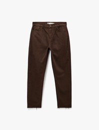 Düğmeli Cepli Yüksek Bel Pamuklu Düz Paça Mom Jean Pantolon -  Mom Jeans