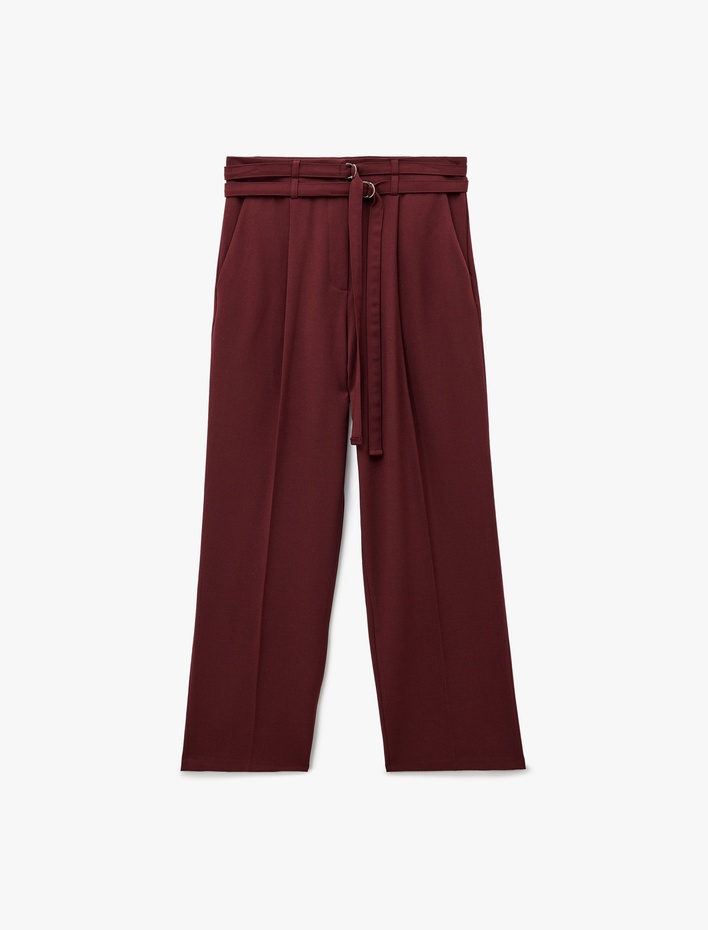  Cepli Çift Kemer Detaylı Düz Bol Paça Kumaş Pantolon