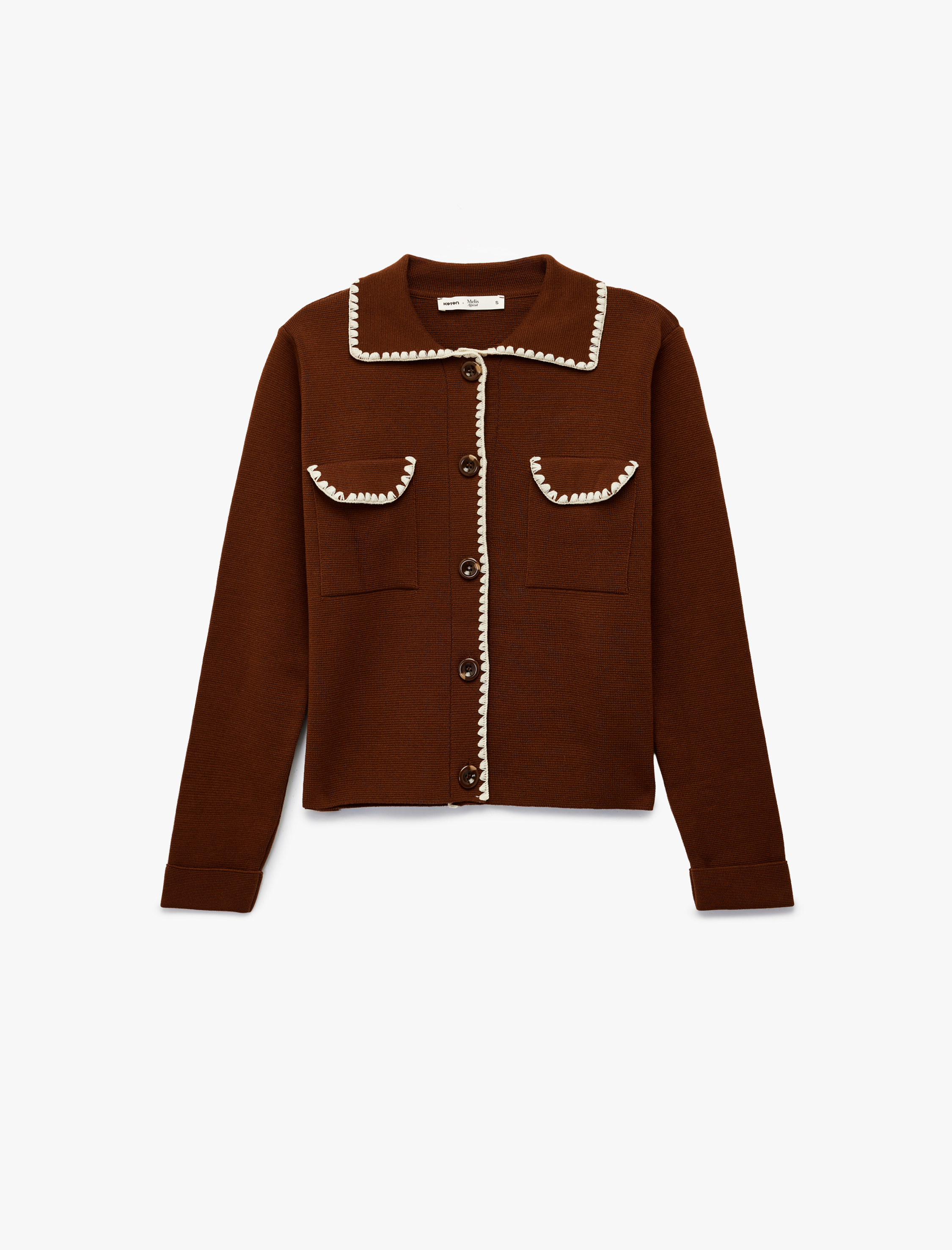   Koton X Melis Ağazat - Cepli Dikiş Detaylı Uzun Kollu Gömlek Yaka Triko Hırka