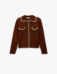 Koton X Melis Ağazat - Cepli Dikiş Detaylı Uzun Kollu Gömlek Yaka Triko Hırka