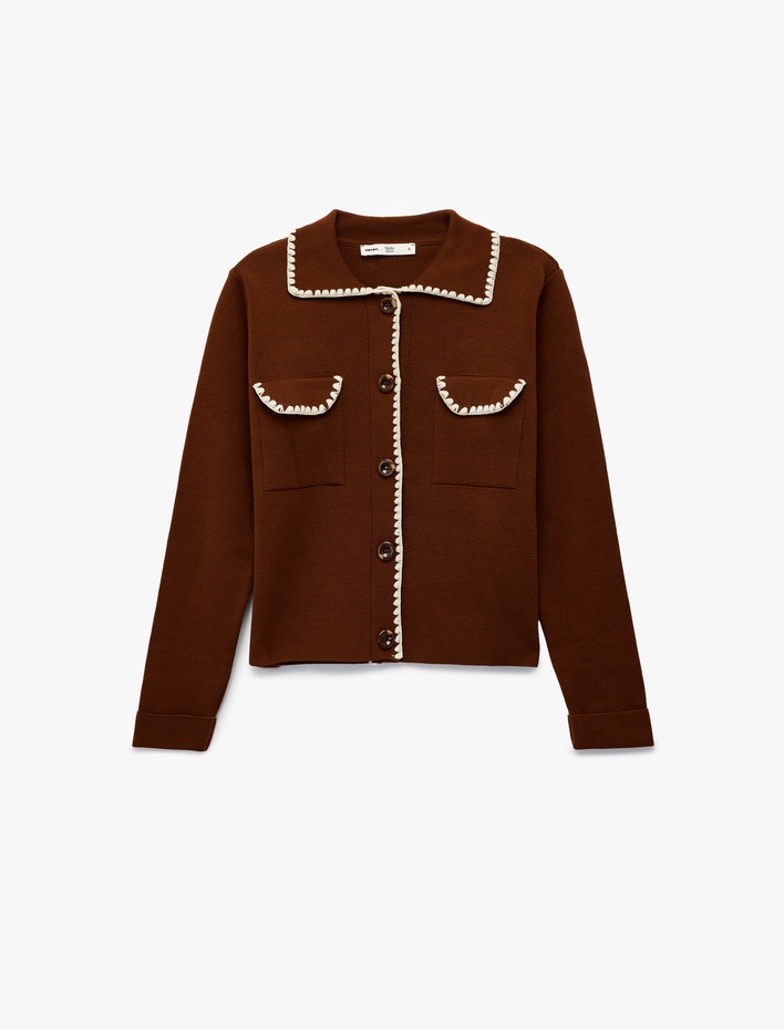  Koton X Melis Ağazat - Cepli Dikiş Detaylı Uzun Kollu Gömlek Yaka Triko Hırka