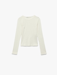 Ekru Kadın Slim Fit Yarı Transparan Uzun Kollu Bisiklet Yaka Bluz