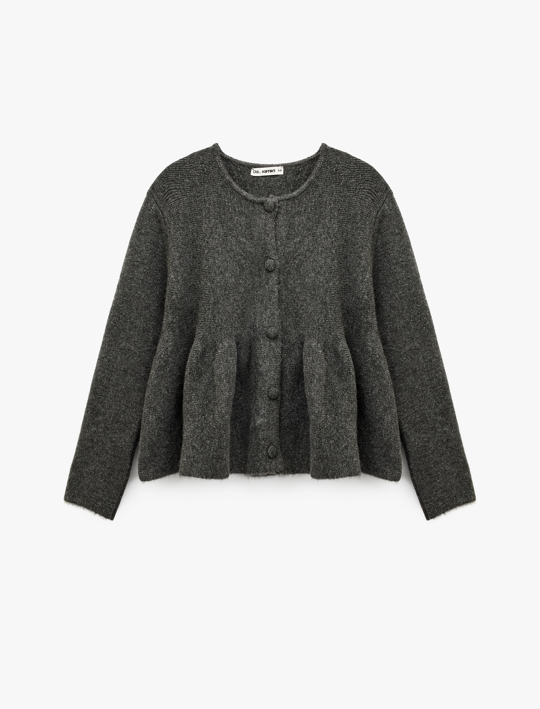   Düğmeli Uzun Kollu Bisiklet Yaka Volanlı Peplum Triko Hırka