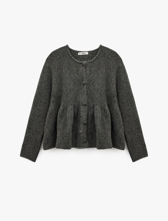  Düğmeli Uzun Kollu Bisiklet Yaka Volanlı Peplum Triko Hırka