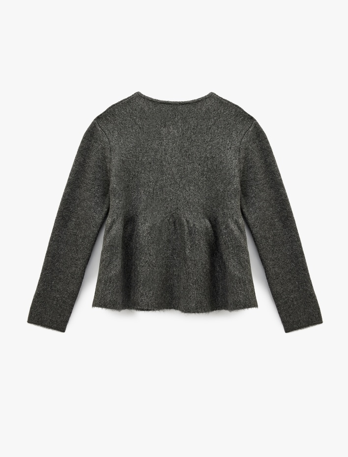  Düğmeli Uzun Kollu Bisiklet Yaka Volanlı Peplum Triko Hırka