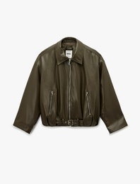 Cepli Fermuarlı Uzun Kollu Oversize Suni Deri Ceket