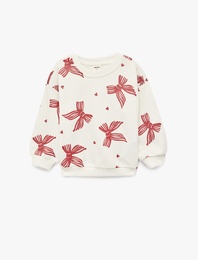 Fiyonk Baskılı Uzun Kollu Bisiklet Yaka Pamuklu Şardonlu Yılbaşı Sweatshirt